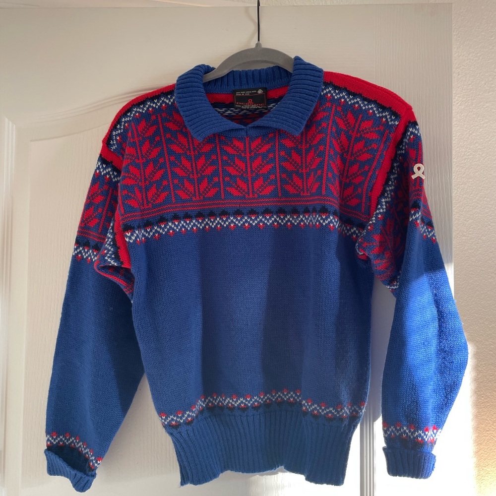 Blue and Red Patterned Women’s Virgin Wool Demetre Sweater